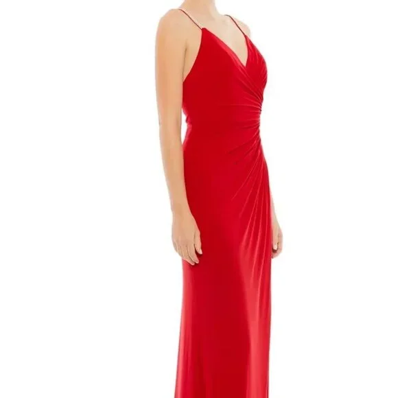Ieena Mac Duggal Red Crystal Strap Ruched Jersey Gown